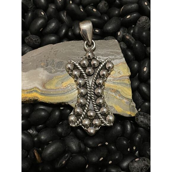 Native American SW Sterling Silver Dome Pearl Studded Solid Shield Pendant - Picture 2 of 8